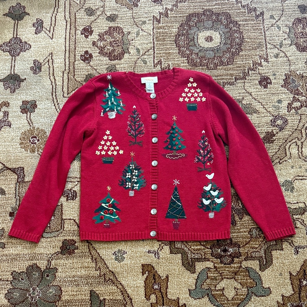 Talbots petite vintage Christmas button front cardigan P